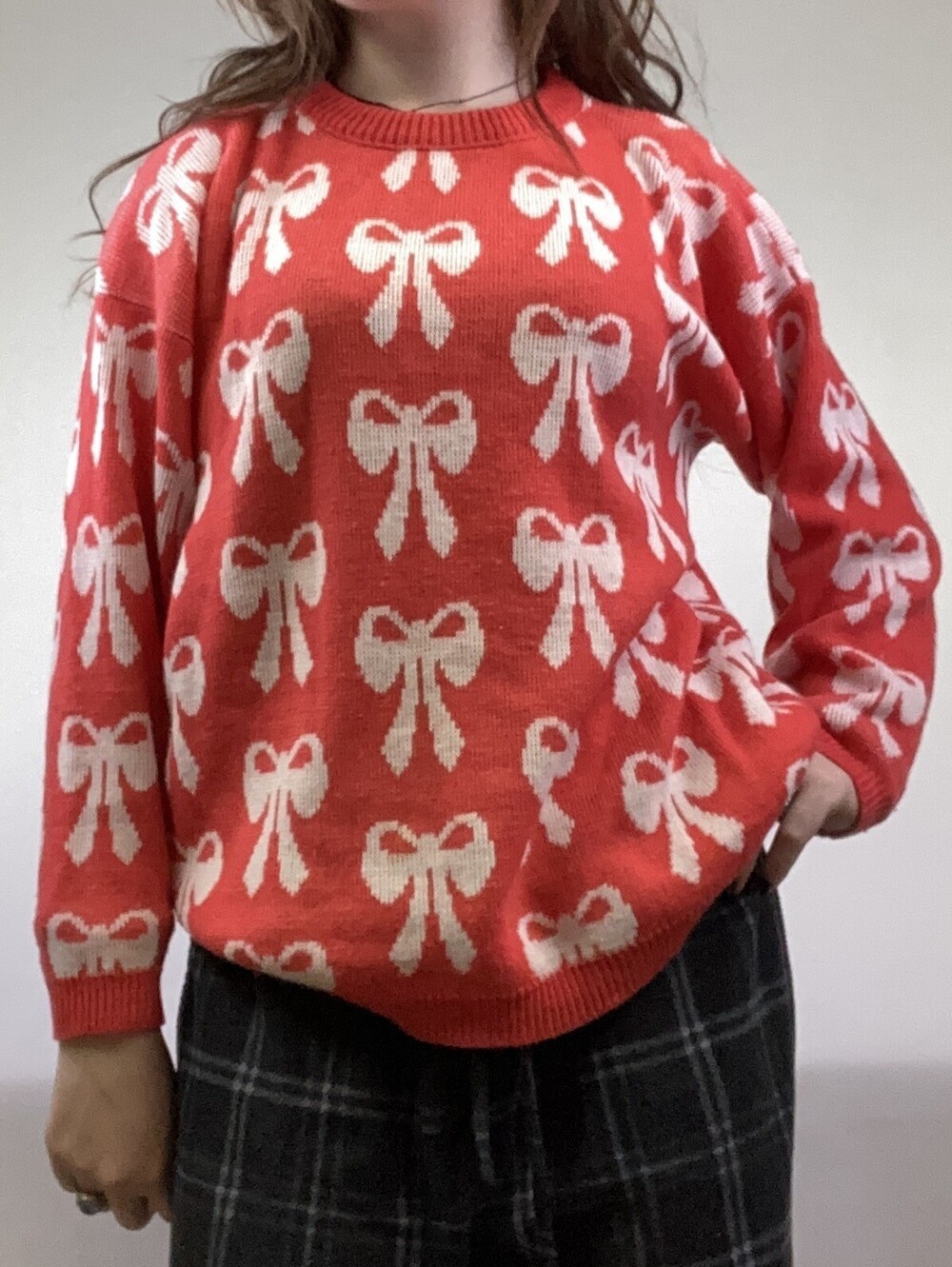 80s VTG Womens S M Coral Pink Bow Ribbon Soft Cute Acrylic XMAS Ugly Sweater USA